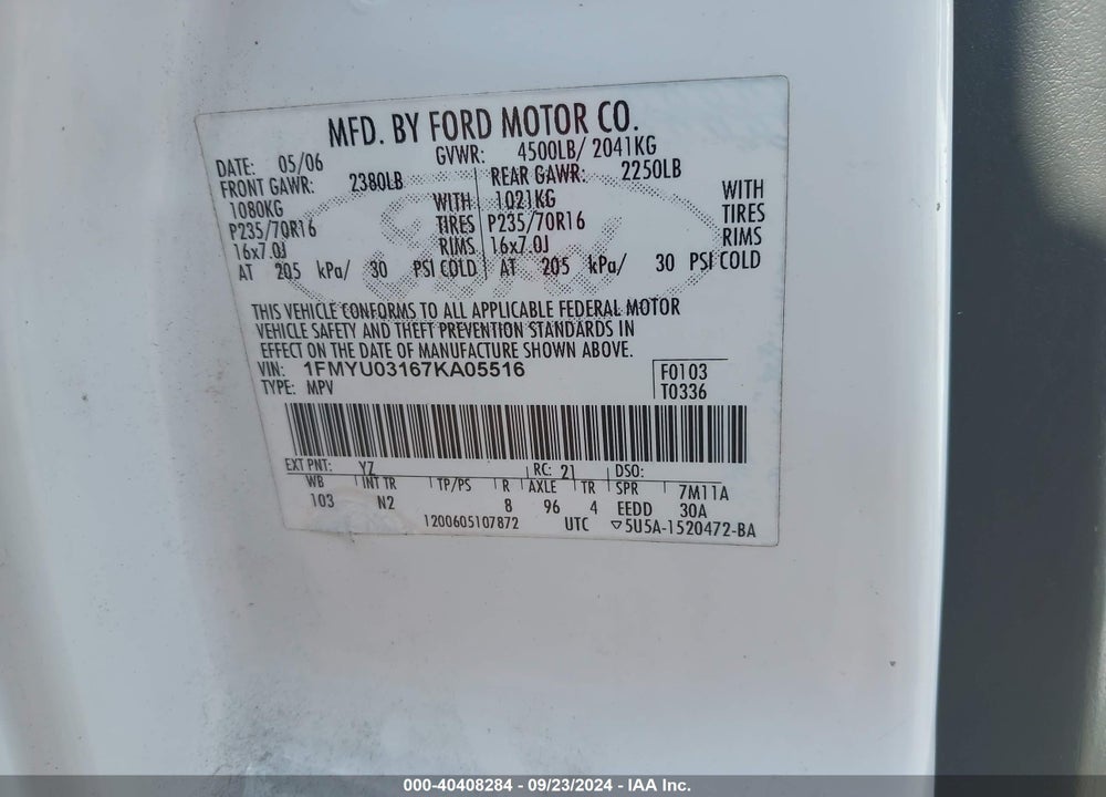 2007 FORD ESCAPE XLT/XLT SPORT VIN: 1FMYU03167KA05516