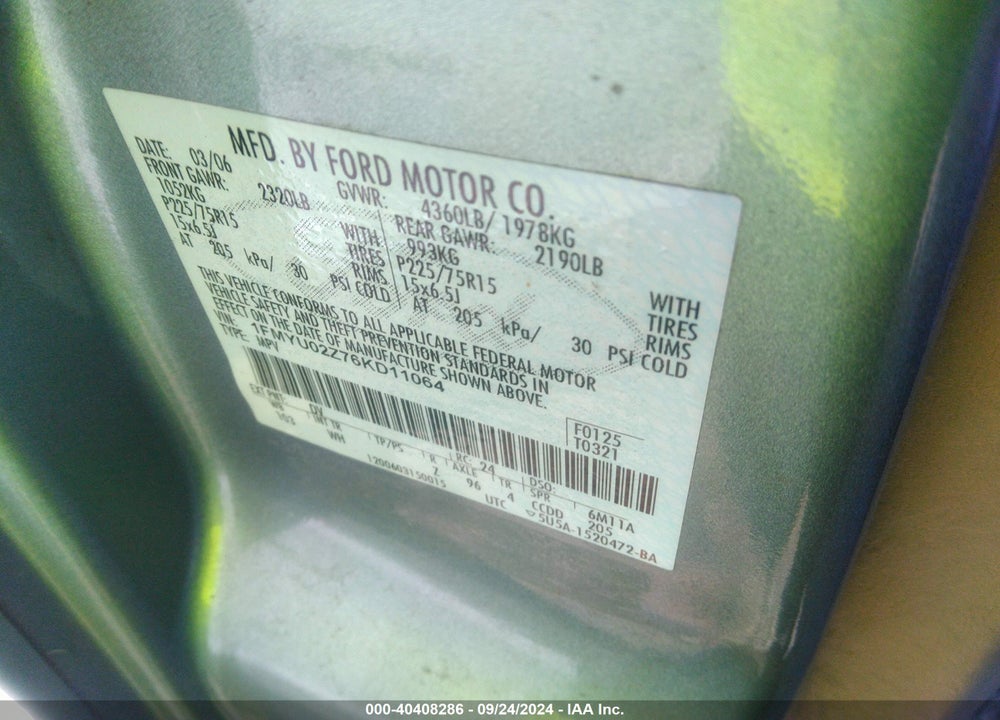 2006 FORD ESCAPE XLS/XLS MANUAL VIN: 1FMYU02Z76KD11064