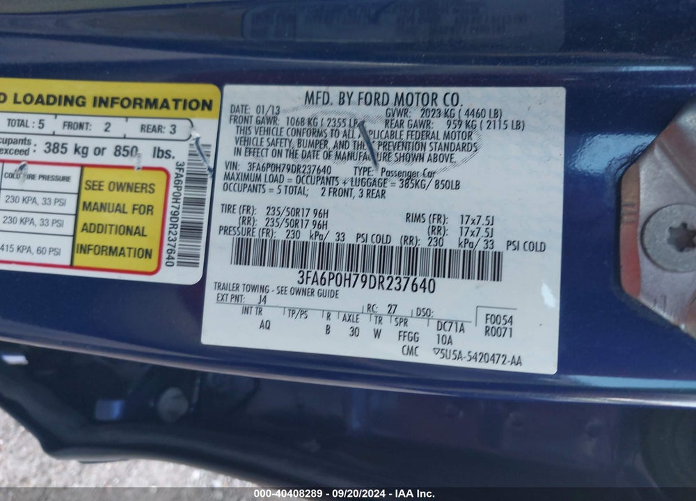 2013 FORD FUSION SE VIN: 3FA6P0H79DR237640
