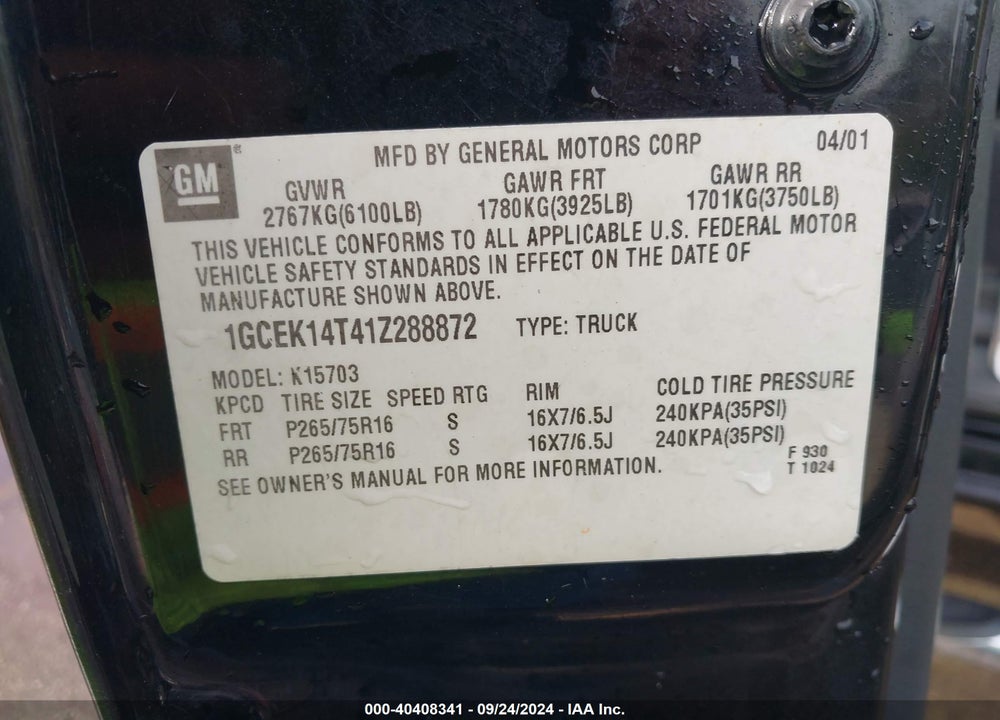 2001 CHEVROLET SILVERADO 1500 LS VIN: 1GCEK14T41Z288872