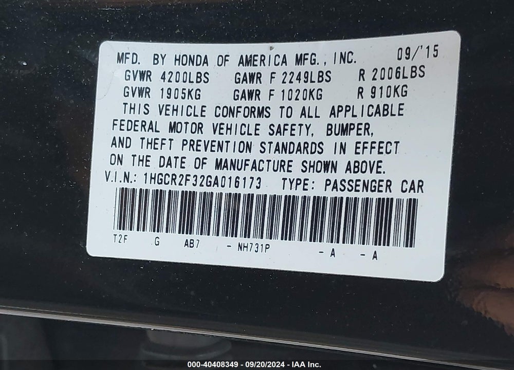 2016 HONDA ACCORD LX VIN: 1HGCR2F32GA016173