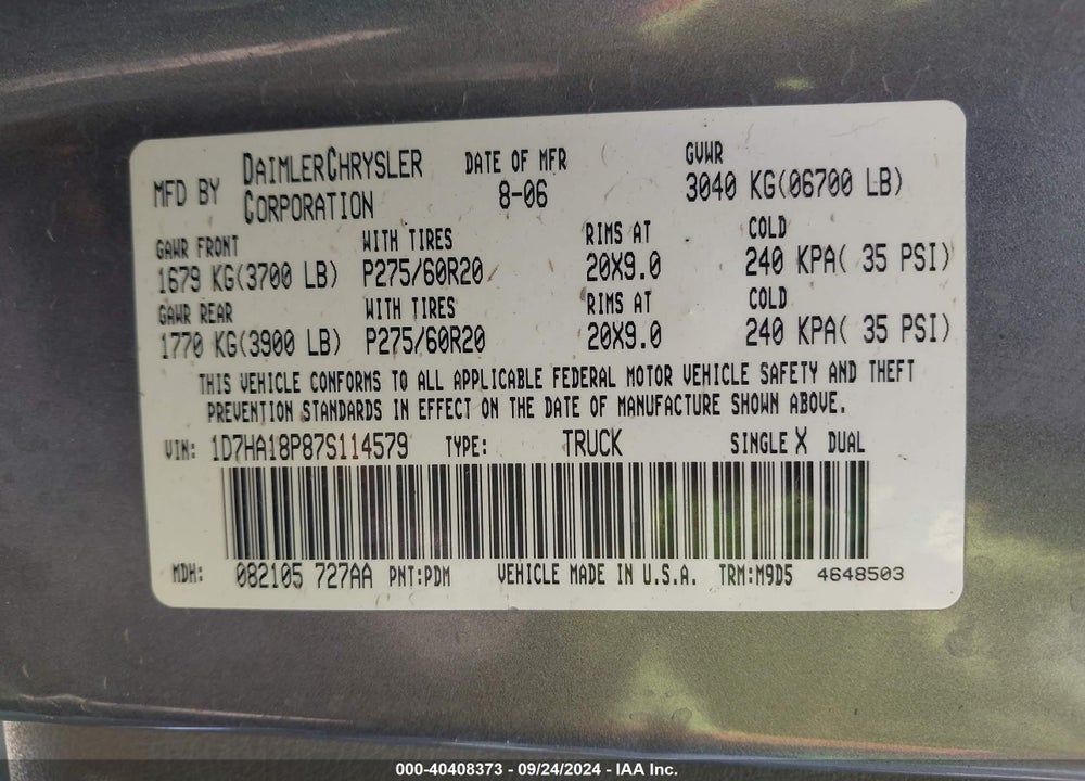 2007 DODGE RAM 1500 SLT VIN: 1D7HA18P87S114579