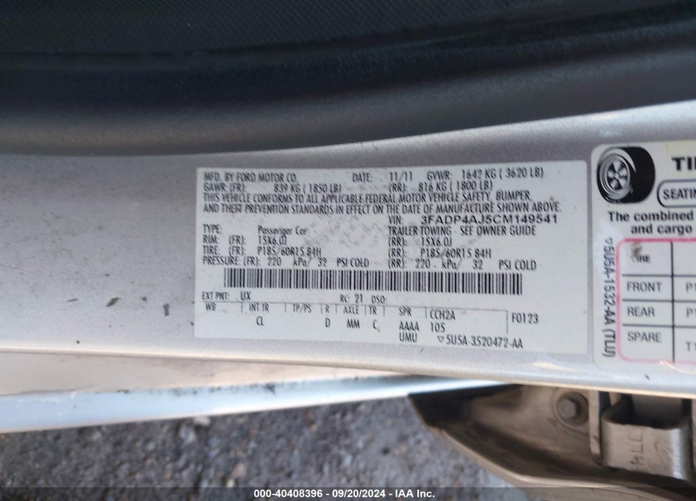 2012 FORD FIESTA S VIN: 3FADP4AJ5CM149541