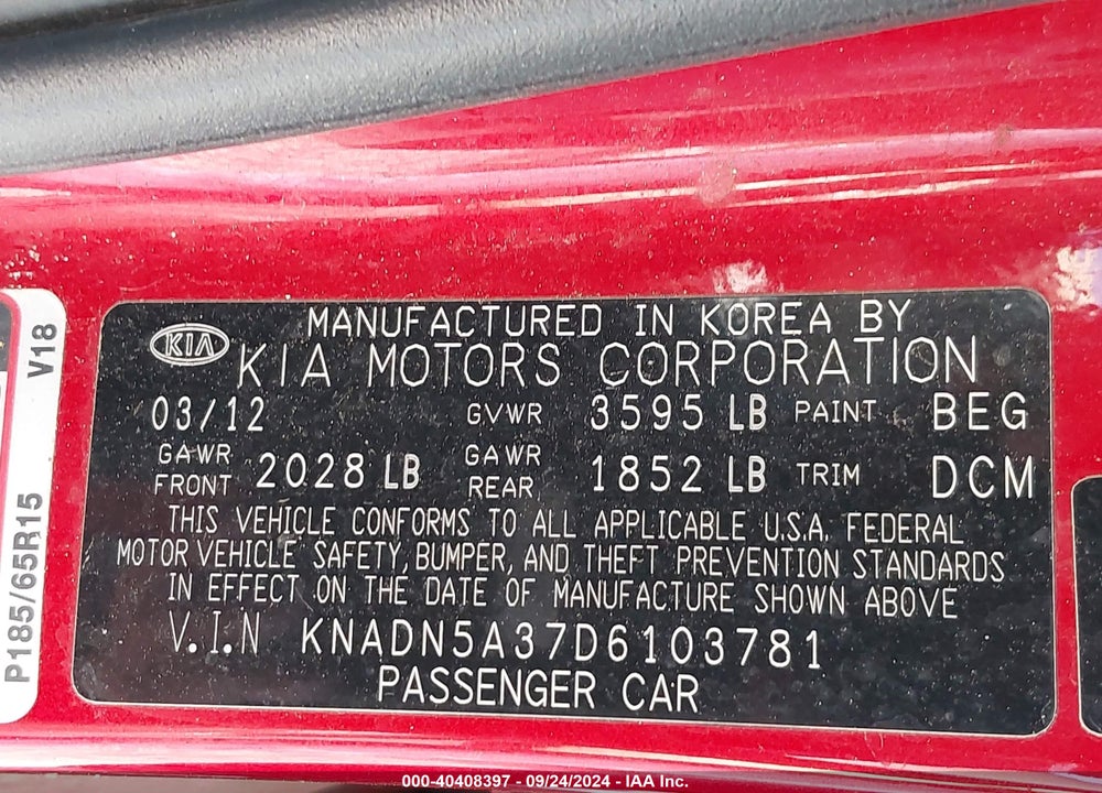 2013 KIA RIO EX VIN: KNADN5A37D6103781