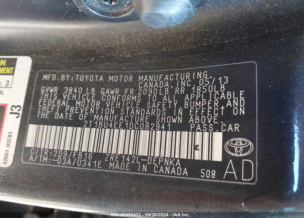 2013 TOYOTA COROLLA LE VIN: 2T1BU4EE1DC082941