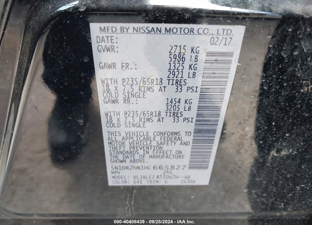 2017 NISSAN PATHFINDER SV VIN: 5N1DR2MN1HC665827