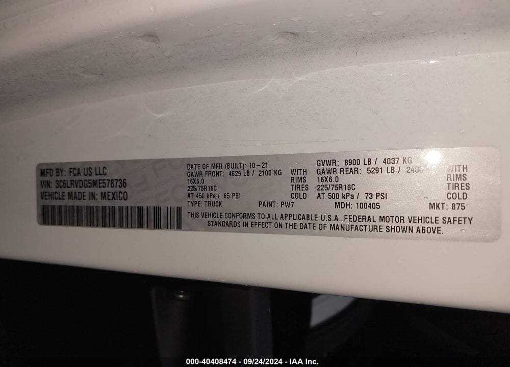 2021 RAM PROMASTER 2500 HIGH ROOF 159 WB VIN: 3C6LRVDG5ME578736