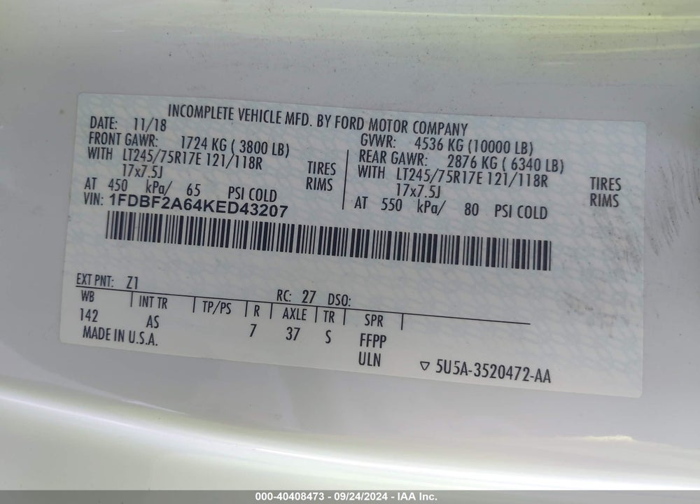 2019 FORD F-250 XL VIN: 1FDBF2A64KED43207