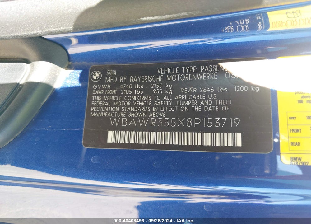 2008 BMW 328I VIN: WBAWR335X8P153719
