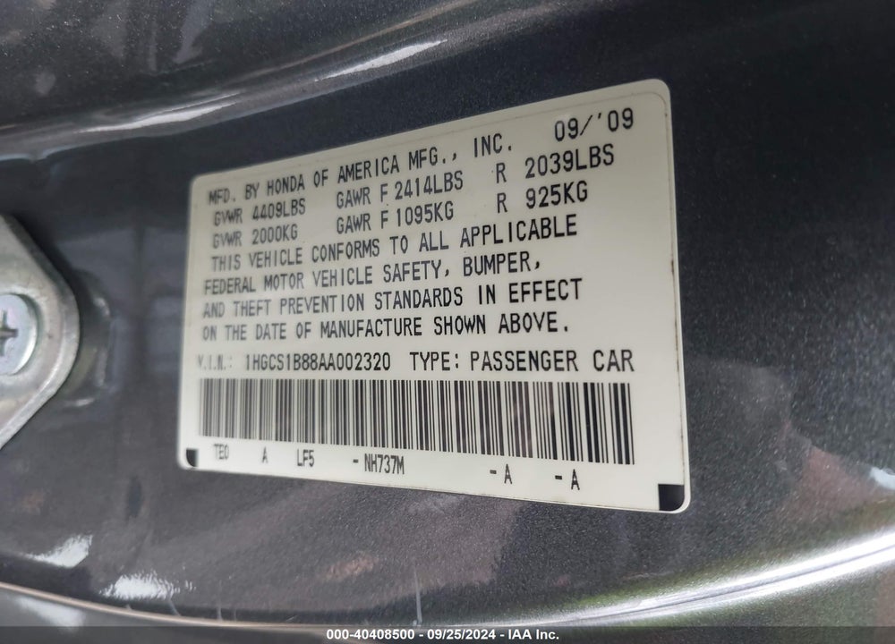 2010 HONDA ACCORD VIN: 1HGCS1B88AA002320