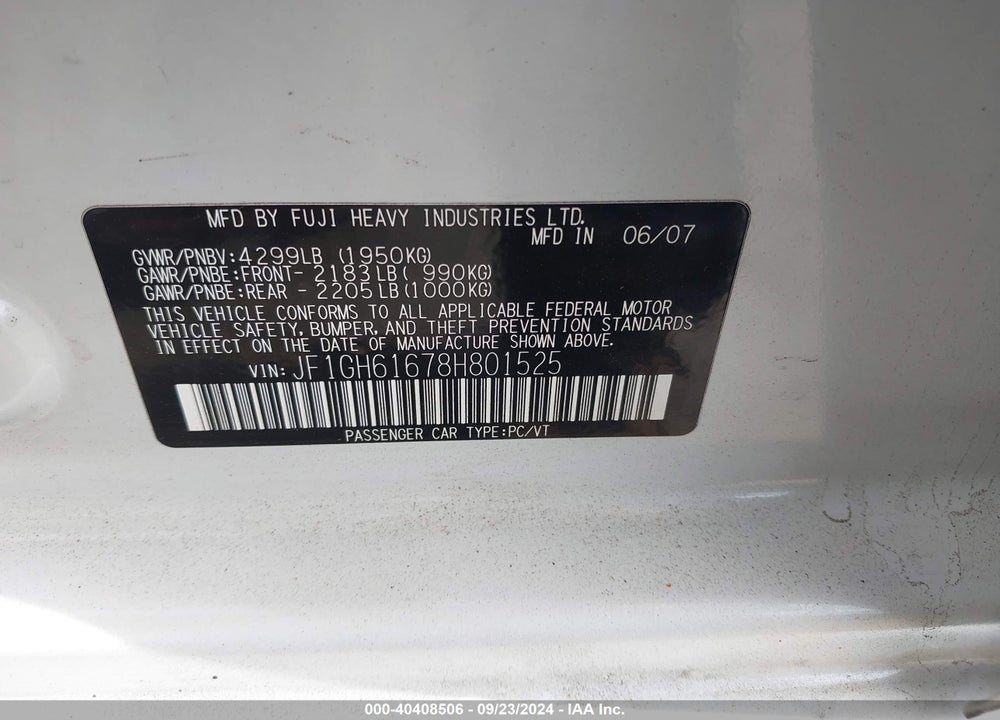 2008 SUBARU IMPREZA 2.5I VIN: JF1GH61678H801525