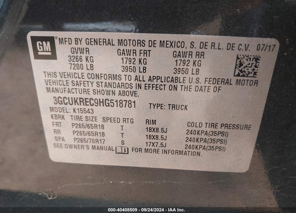 2017 CHEVROLET SILVERADO 1500 2LT VIN: 3GCUKREC9HG518781