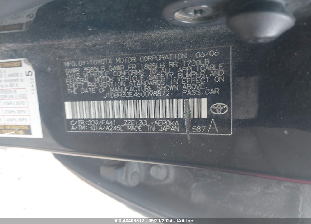 2006 TOYOTA COROLLA CE VIN: JTDBR32E460098872