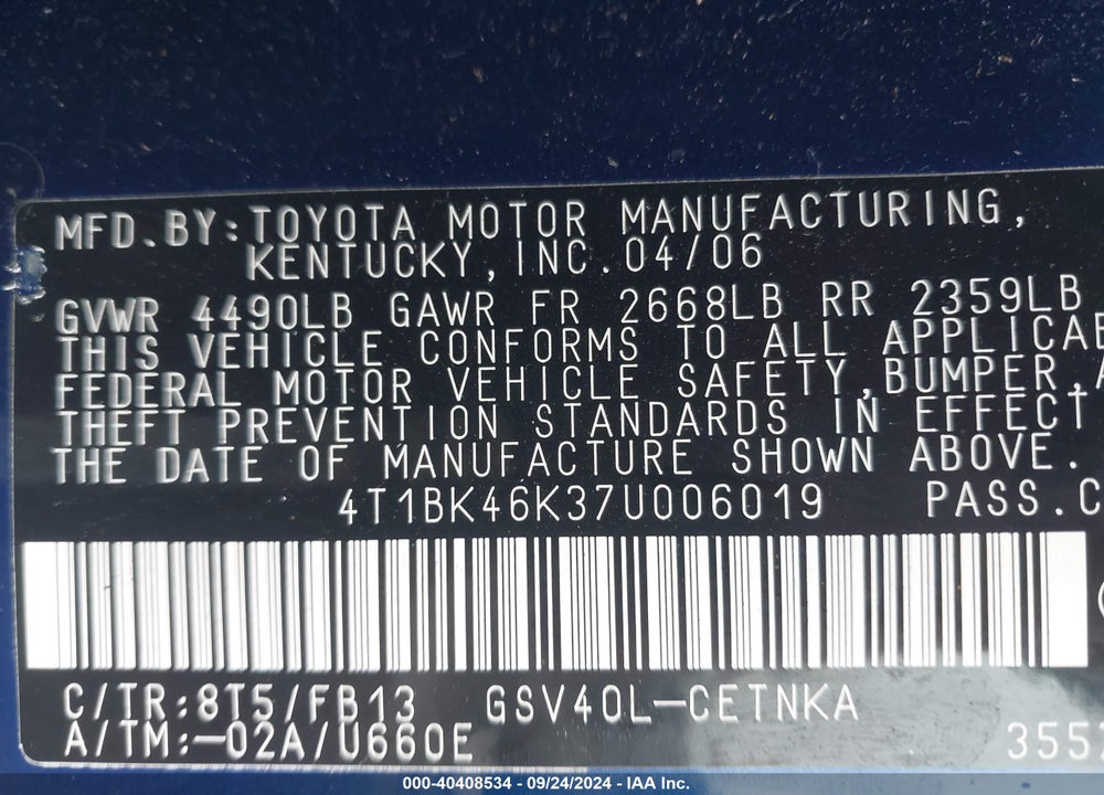 2007 TOYOTA CAMRY LE V6 VIN: 4T1BK46K37U006019