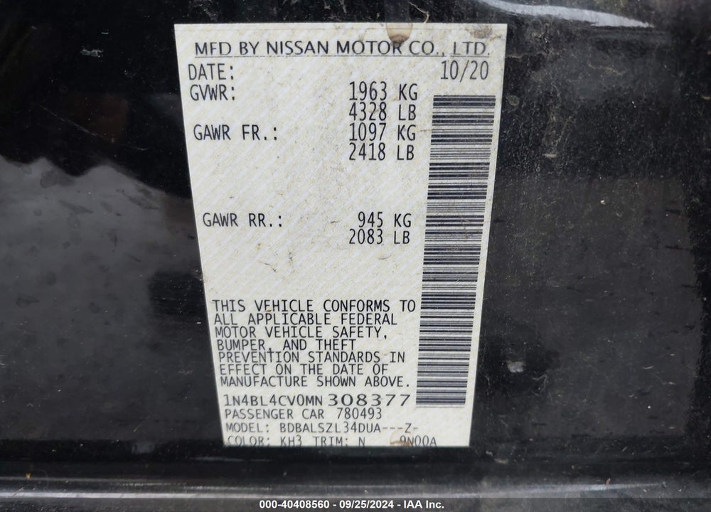 2021 NISSAN ALTIMA SR FWD VIN: 1N4BL4CV0MN308377