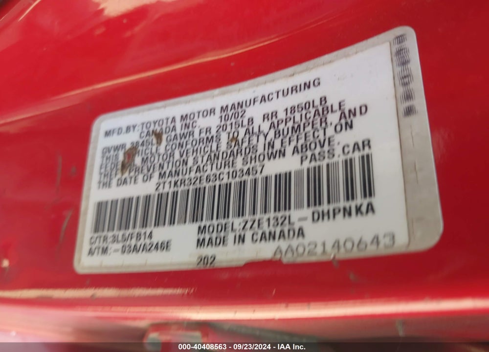 2003 TOYOTA MATRIX/XR VIN: 2T1KR32E63C103457
