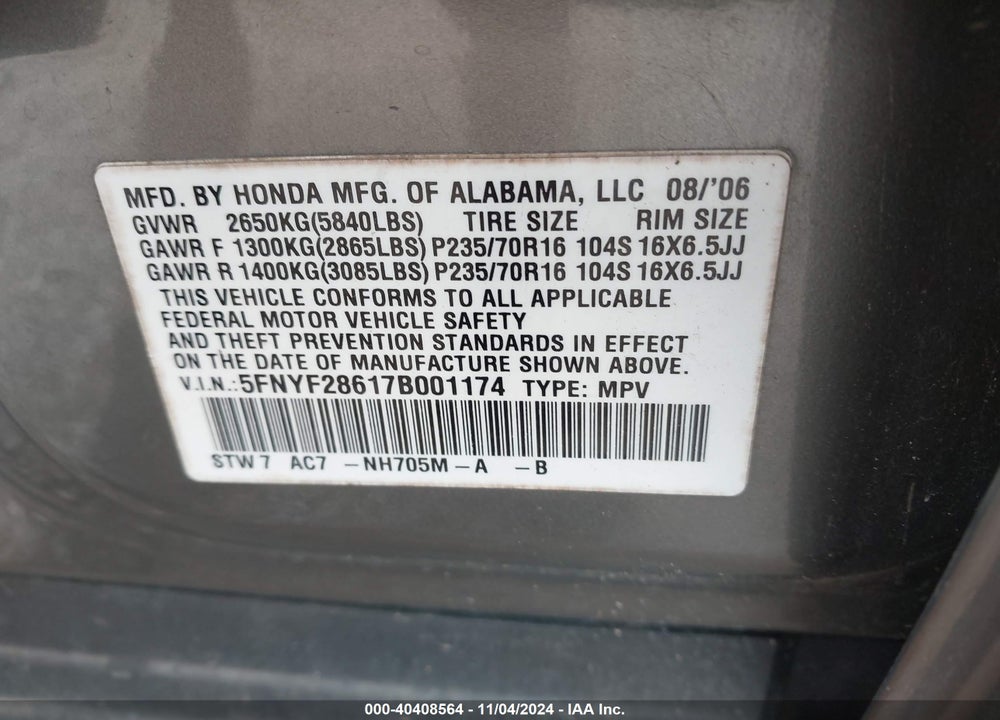 2007 HONDA PILOT EX-L VIN: 5FNYF28617B001174