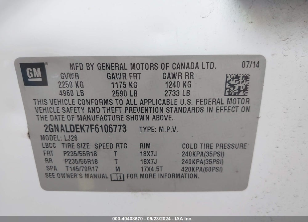 2015 CHEVROLET EQUINOX LTZ VIN: 2GNALDEK7F6106773