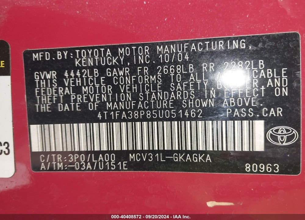2005 TOYOTA CAMRY SOLARA SLE VIN: 4T1FA38P85U051462