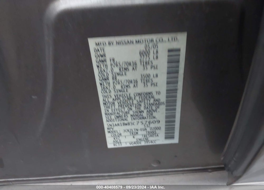 2005 NISSAN PATHFINDER SE VIN: 5N1AR18W85C757609