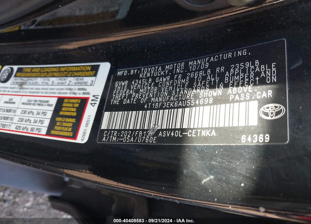 2010 TOYOTA CAMRY LE VIN: 4T1BF3EK6AU554698