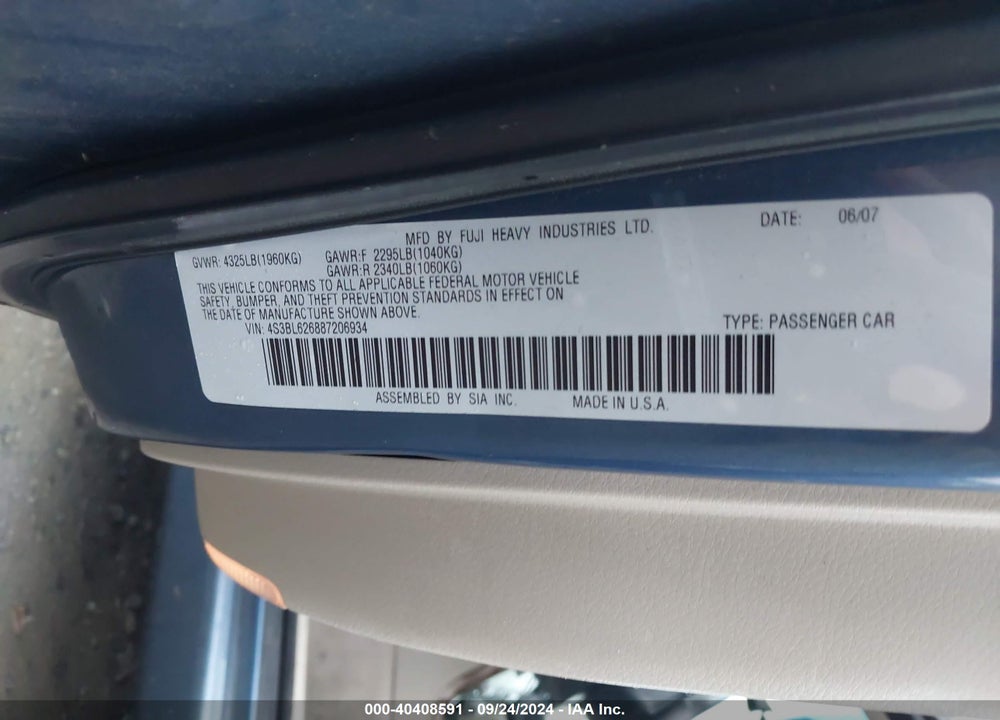 2008 SUBARU LEGACY 2.5I LIMITED VIN: 4S3BL626887206934