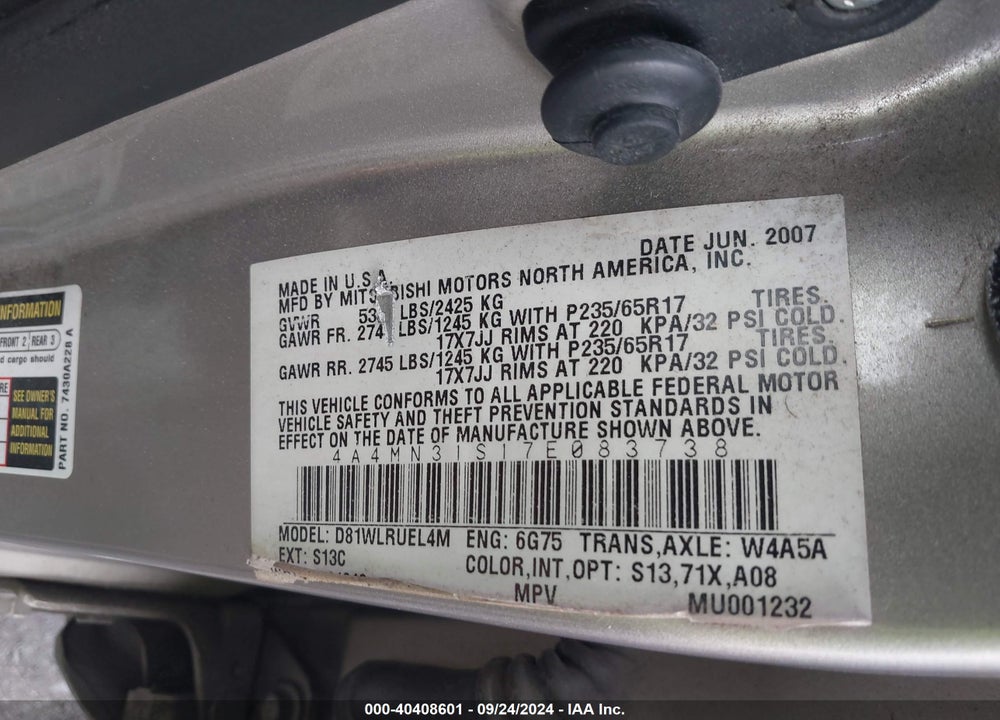 2007 MITSUBISHI ENDEAVOR SE VIN: 4A4MN31S17E083738