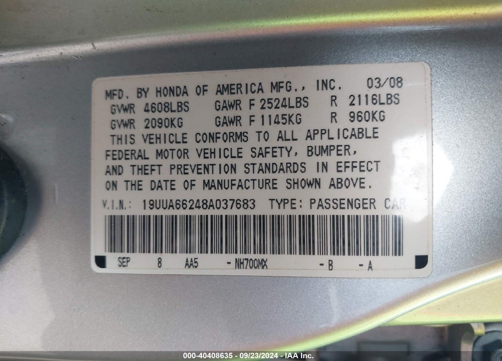 2008 ACURA TL 3.2 VIN: 19UUA66248A037683