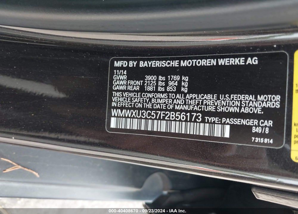 2015 MINI HARDTOP COOPER S VIN: WMWXU3C57F2B56173
