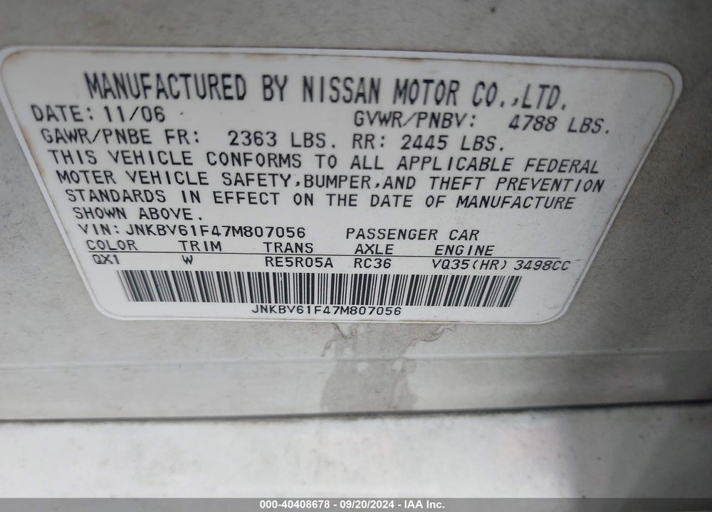 2007 INFINITI G35X VIN: JNKBV61F47M807056