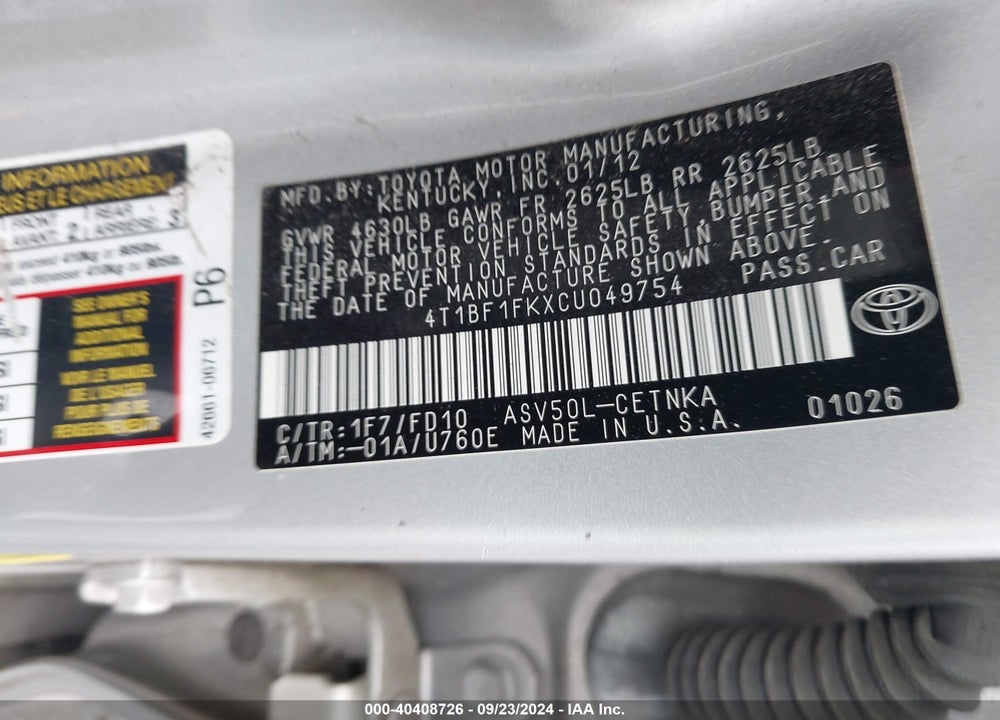2012 TOYOTA CAMRY LE VIN: 4T1BF1FKXCU049754