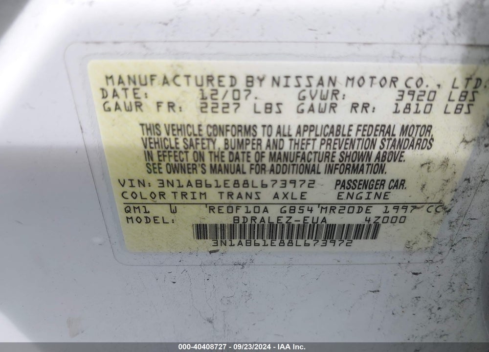2008 NISSAN SENTRA 2.0S VIN: 3N1AB61E88L673972