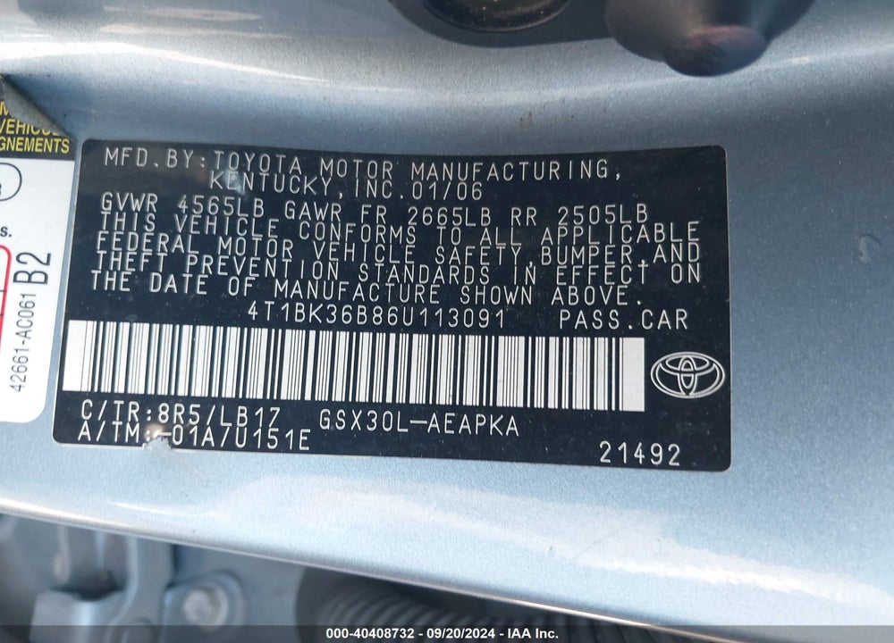 2006 TOYOTA AVALON LIMITED VIN: 4T1BK36B86U113091
