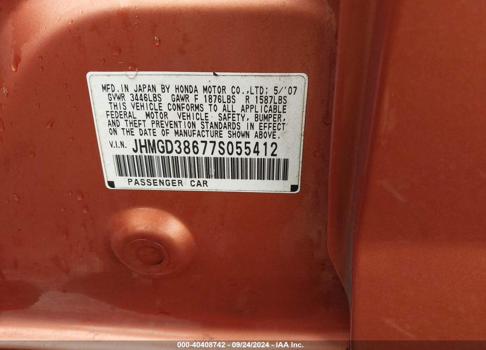 2007 HONDA FIT SPORT VIN: JHMGD38677S055412