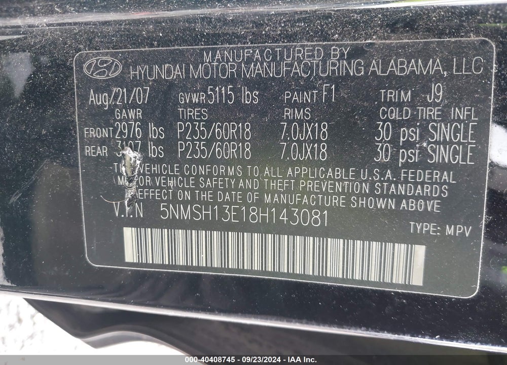 2008 HYUNDAI SANTA FE LIMITED/SE VIN: 5NMSH13E18H143081
