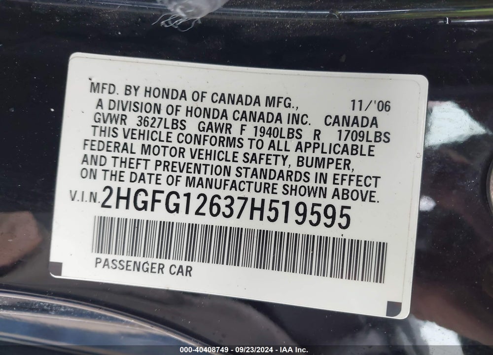 2007 HONDA CIVIC VIN: 2HGFG12637H519595