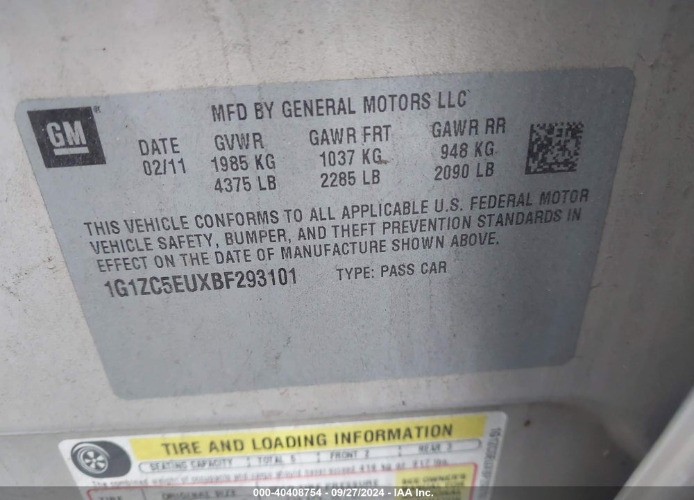 2011 CHEVROLET MALIBU 1LT VIN: 1G1ZC5EUXBF293101