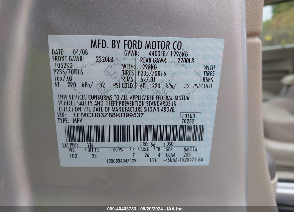 2008 FORD ESCAPE XLT VIN: 1FMCU03Z88KD99537