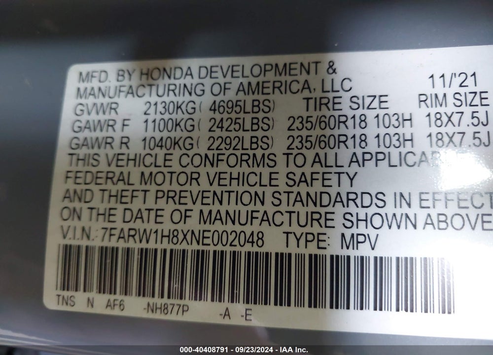 2022 HONDA CR-V 2WD EX-L VIN: 7FARW1H8XNE002048