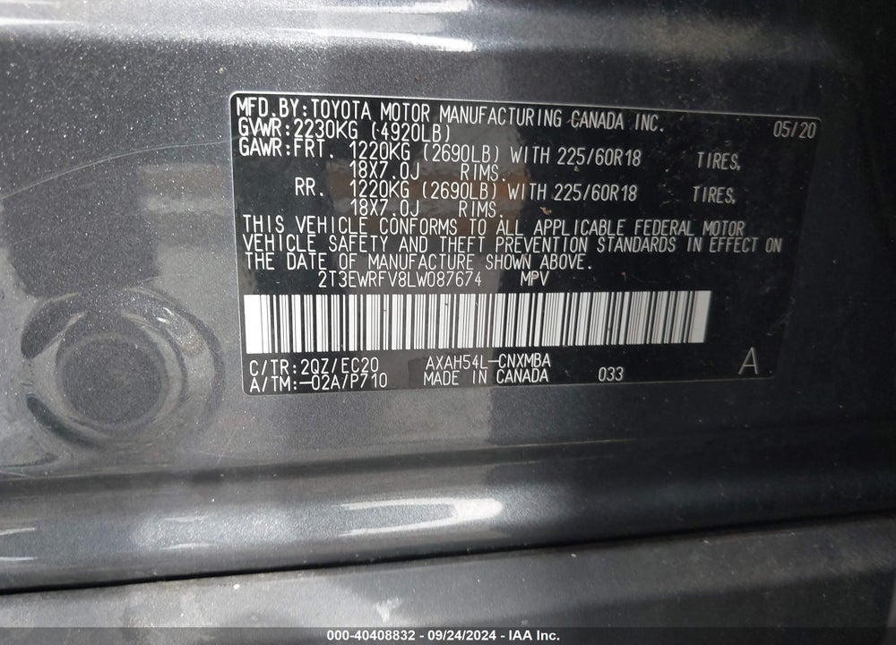 2020 TOYOTA RAV4 XSE VIN: 2T3EWRFV8LW087674