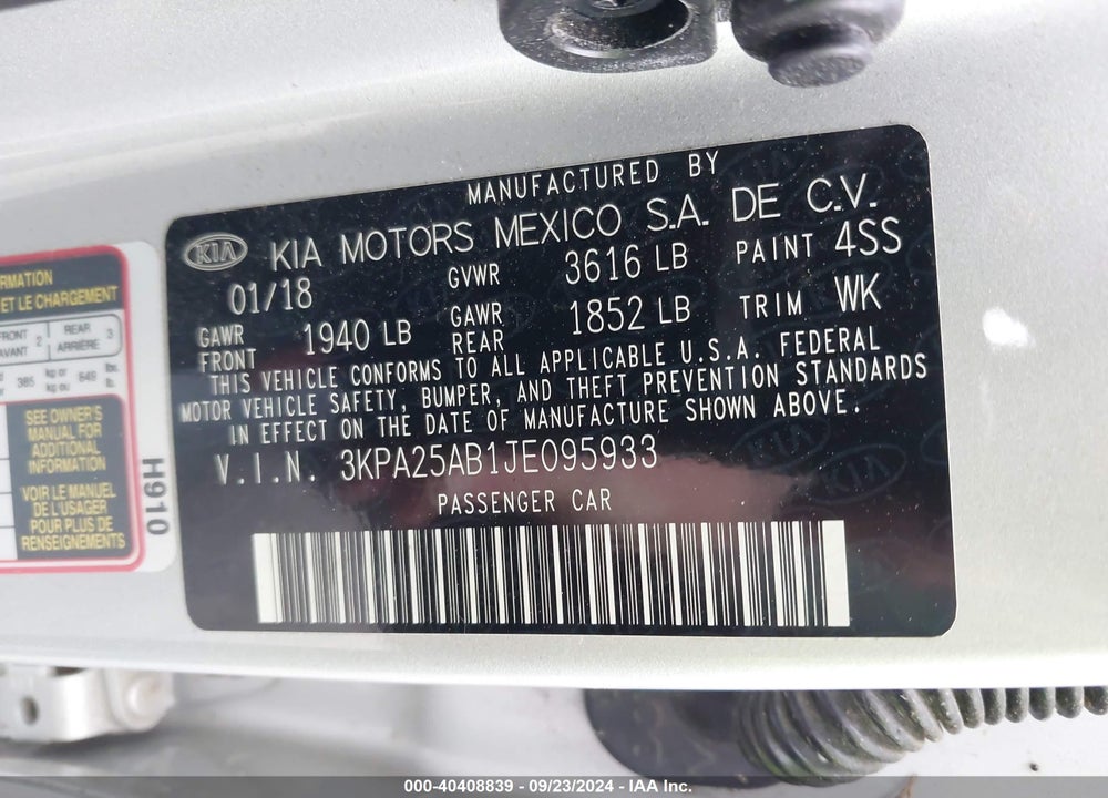 2018 KIA RIO LX VIN: 3KPA25AB1JE095933
