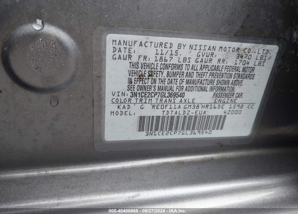 2016 NISSAN VERSA NOTE S (SR)/S PLUS/SL/SR/SV VIN: 3N1CE2CP7GL369540