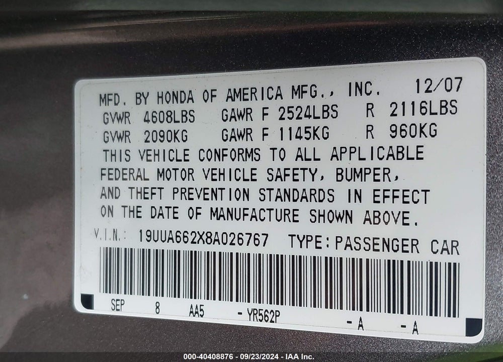 2008 ACURA TL 3.2 VIN: 19UUA662X8A026767