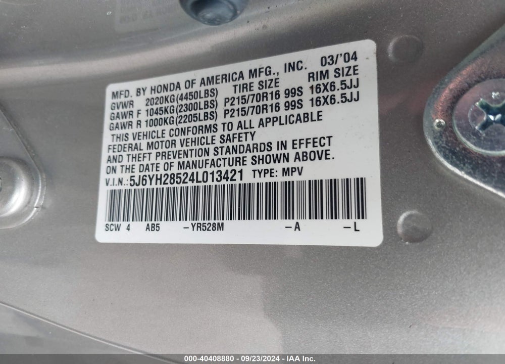2004 HONDA ELEMENT EX VIN: 5J6YH28524L013421