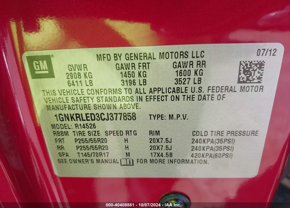 2012 CHEVROLET TRAVERSE LTZ VIN: 1GNKRLED3CJ377858