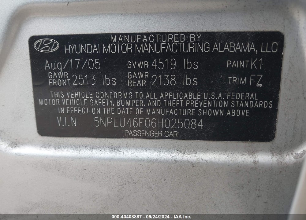 2006 HYUNDAI SONATA GLS V6/LX V6 VIN: 5NPEU46F06H025084