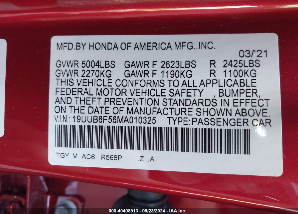 2021 ACURA TLX A-SPEC PACKAGE VIN: 19UUB6F56MA010325