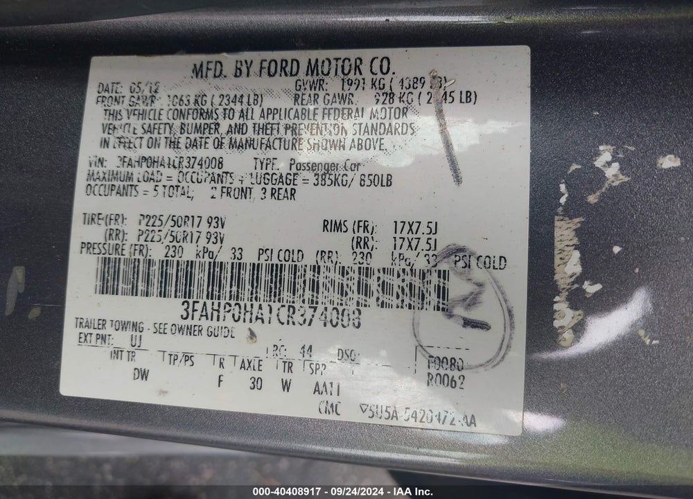2012 FORD FUSION SE VIN: 3FAHP0HA1CR374008