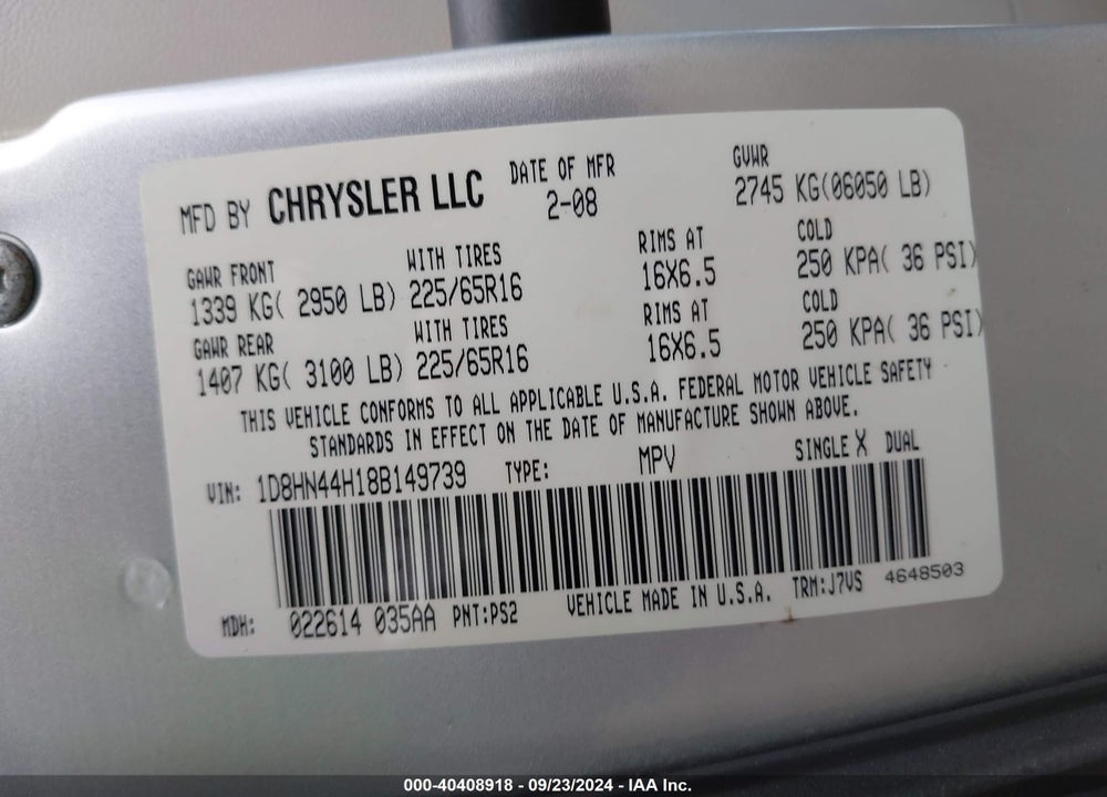 2008 DODGE GRAND CARAVAN SE VIN: 1D8HN44H18B149739