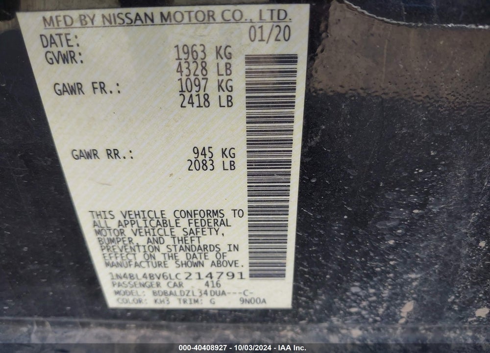 2020 NISSAN ALTIMA VIN: 1N4BL4BV6LC214791